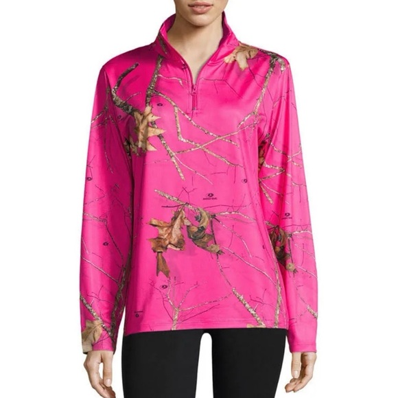 NEW Women Size Medium MOSSY OAK Pink Camo Long Sleeve 1/4 Zip Shirt NWT - Picture 2 of 5